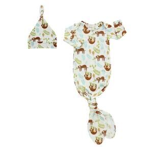 Emerson and Friends Bamboo newborn knotted gown and hat set / sloths / jungle